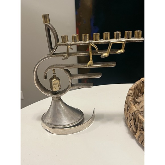 Vintage Brass & Silver Plated Menorah Musical Sankyo Music Box Treble Clef - Picture 3 of 10